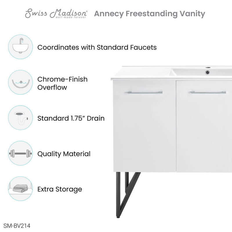 Annecy 48 Single, Glossy White, Two Doors, One Drawer, Bathroom Vanity