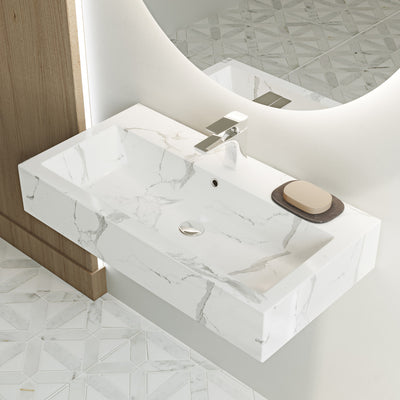 Voltaire Wide Rectangle Wall Hung Sink in White Marble