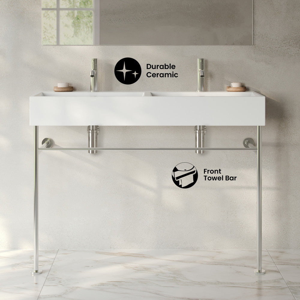 Claire 48" Double Basin Console Sink with Polished Chrome Legs