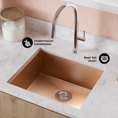 Tourner 21 x 18 Stainless Steel, Single Basin, Undermount Kitchen Sink, Rose Gold