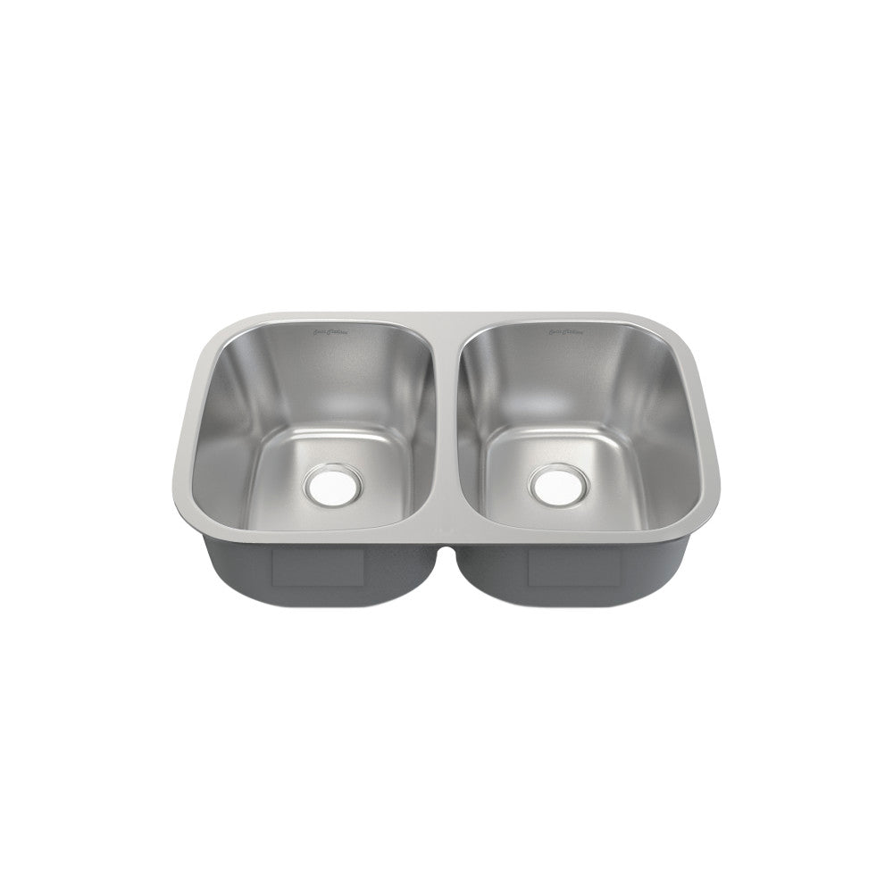 29 x 18 stainless steel undermount kitchen sink with dual basins, smooth finish.