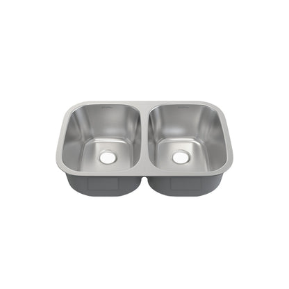 29 x 18 stainless steel undermount kitchen sink with dual basins, smooth finish.