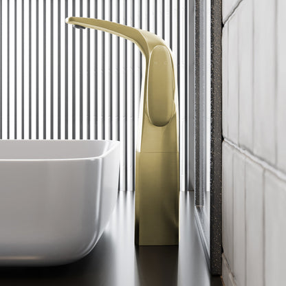 Single-handle high arc bathroom faucet in brushed gold with smooth curved spout design.
