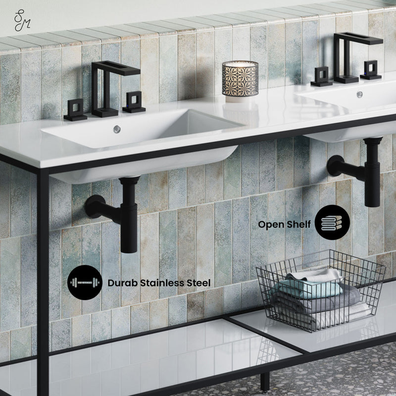 Pierre 72 Double, Freestanding, Open Shelf, Matte Black Metal Frame Bathroom Vanity