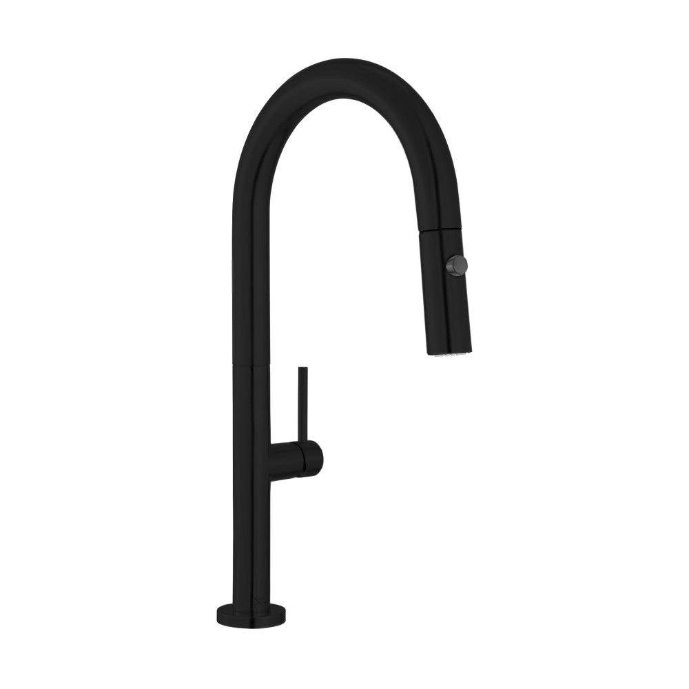 Single handle pull-down kitchen faucet in matte black with high-arc spout and side lever handle.