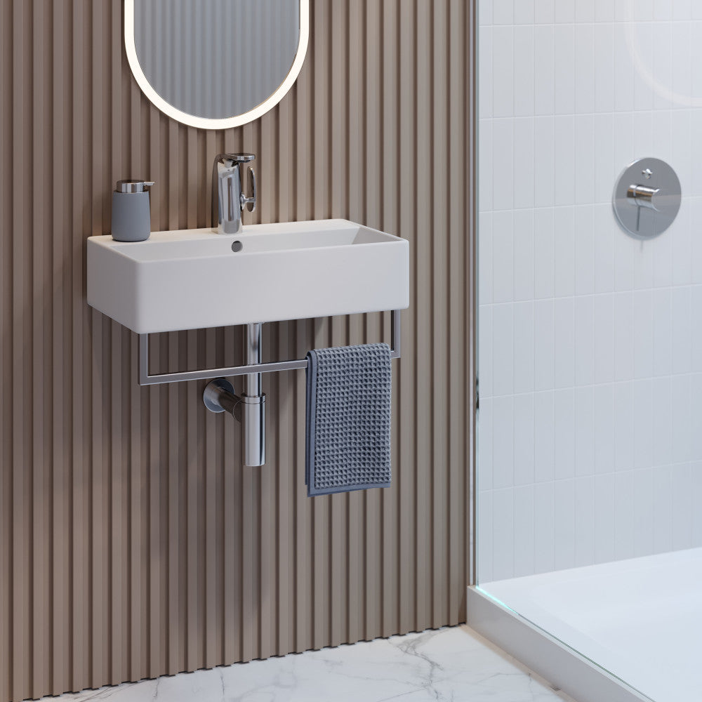 22" wall-mount bathroom sink with integrated silver towel bar and single faucet hole, modern rectangular design.