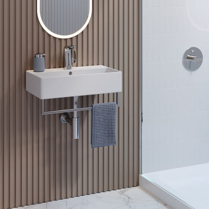 22" wall-mount bathroom sink with integrated silver towel bar and single faucet hole, modern rectangular design.