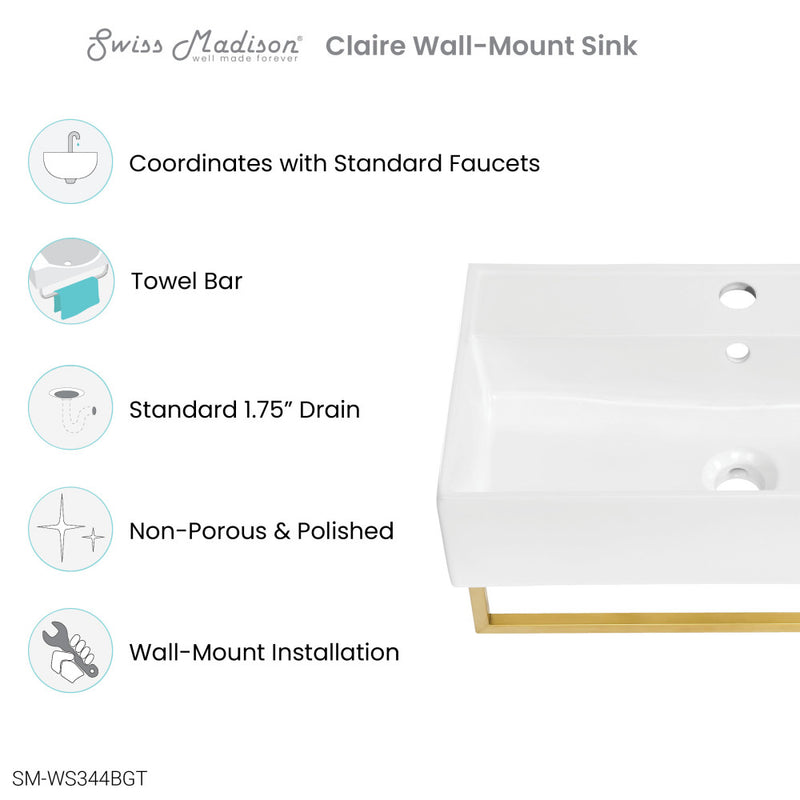 Claire 22" Wall-Mount Bathroom Sink with Brushed Gold Towel Bar