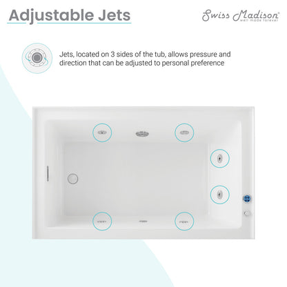 Rectangular alcove whirlpool bathtub 60x36 inch, left-hand drain, adjustable jets, apron front.