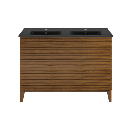 Cascade 48 in. Brown Oak, Double Basin Bathroom Vanity With Black Ceramic Sink Top