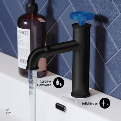 Avallon Single Hole, Single-Handle Wheel, Bathroom Faucet in Matte Black with Blue Handle
