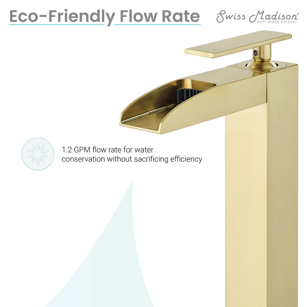 Single-handle bathroom faucet in brushed gold with high arc waterfall spout.