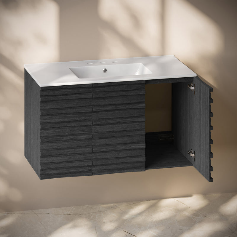 Cascade 36" Wall-Mounted Bathroom Vanity in Black Oak with 3-Hole Widespread Sink Top