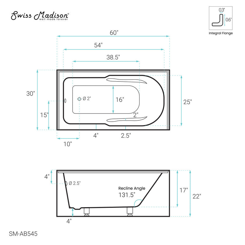 Ivy 60" x 30" Left-Hand Drain Alcove Bathtub with Apron