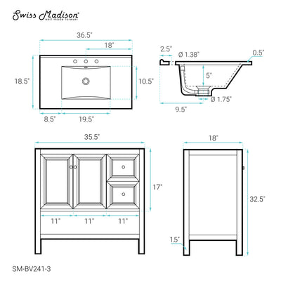 Château 36" Freestanding Bathroom Vanity in Golden Oak with 3-Hole Widespread Sink Top