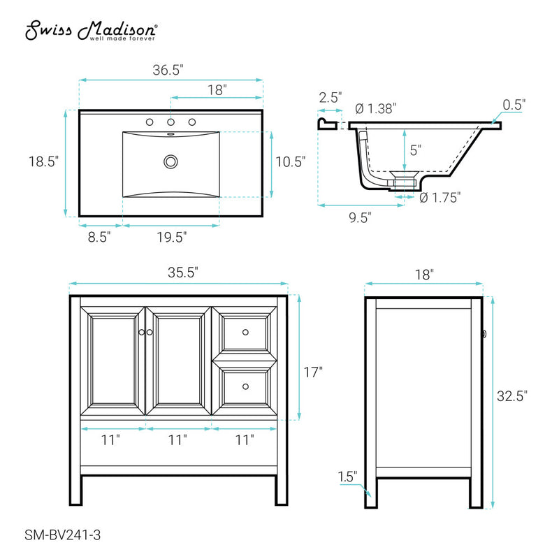 Château 36" Freestanding Bathroom Vanity in Golden Oak with 3-Hole Widespread Sink Top