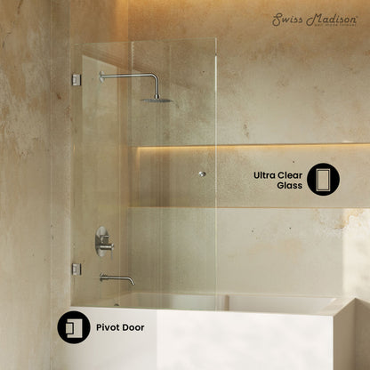 Voltaire 24 x 58 Frameless Pivot 3/8 in. (10mm) Ultra Clear Tempered Glass Tub Door with Nickel Brushed Hardware