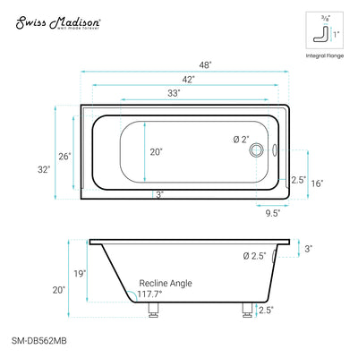 Voltaire 48" x 32" Right-Hand Drain Alcove Bathtub in Matte Black