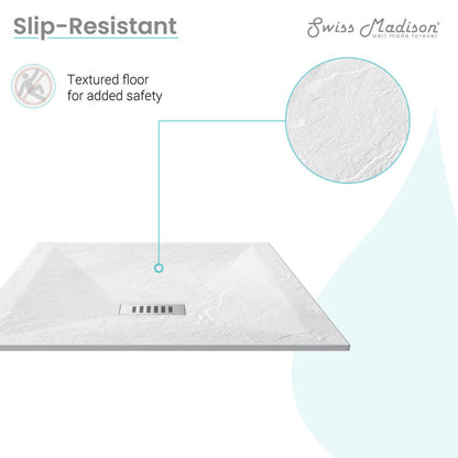 36x36 inch shower base, reversible drain, textured slip-resistant surface, white finish.