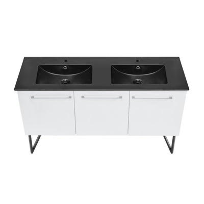 Annecy 60 in. White, Double Basin Bathroom Vanity With Black Artificial Stone Sink Top
