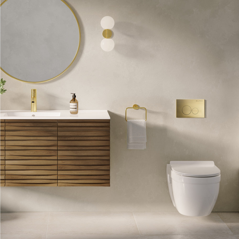 Ivy Wall-Hung Toilet Bundle 0.8/1.6 GPF Dual Flush in Glossy White with Brass Flush Plate