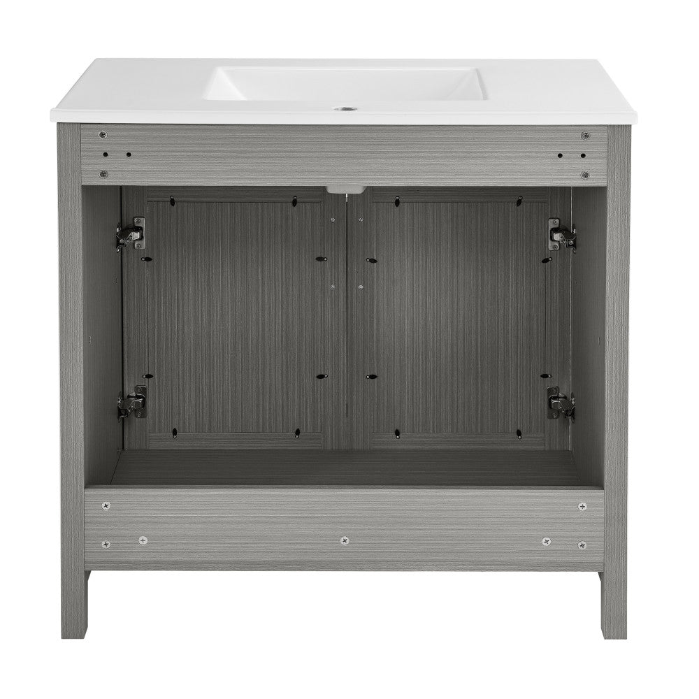 36-inch freestanding bathroom vanity in carbon gray with single sink and open cabinet doors.