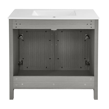 36-inch freestanding bathroom vanity in carbon gray with single sink and open cabinet doors.