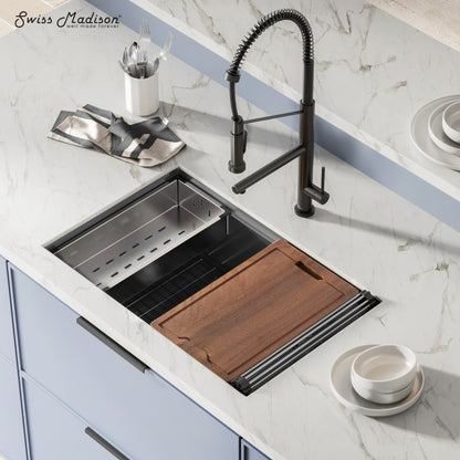 30x19 black stainless steel undermount single basin kitchen workstation sink with accessories.