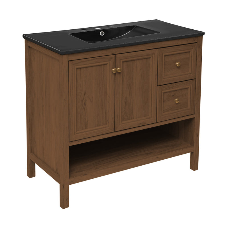Chateau 36" Freestanding Bathroom Vanity in Brown Oak with Black 3-Hole Widespread Sink Top