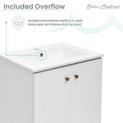 24-inch freestanding white bathroom vanity with single sink and two-door storage cabinet.