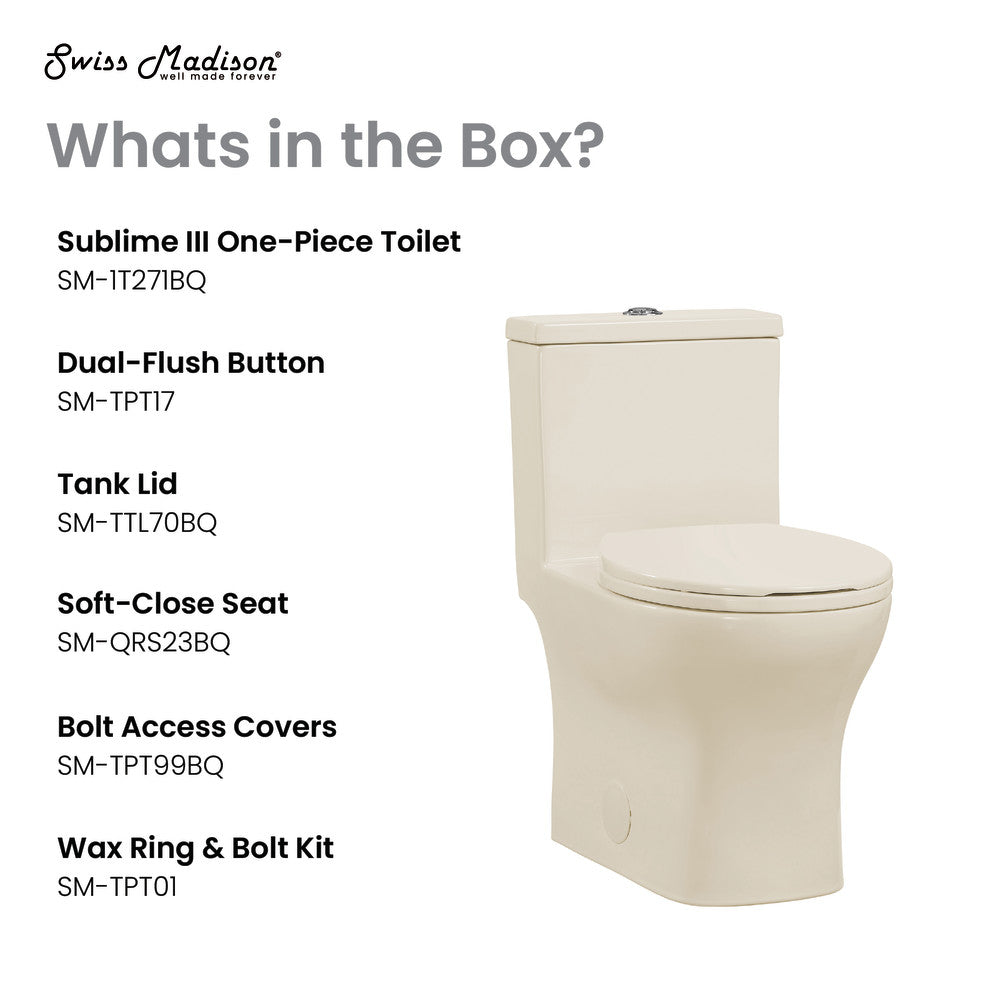 Round one-piece toilet in bisque with dual-flush and soft-close lid.