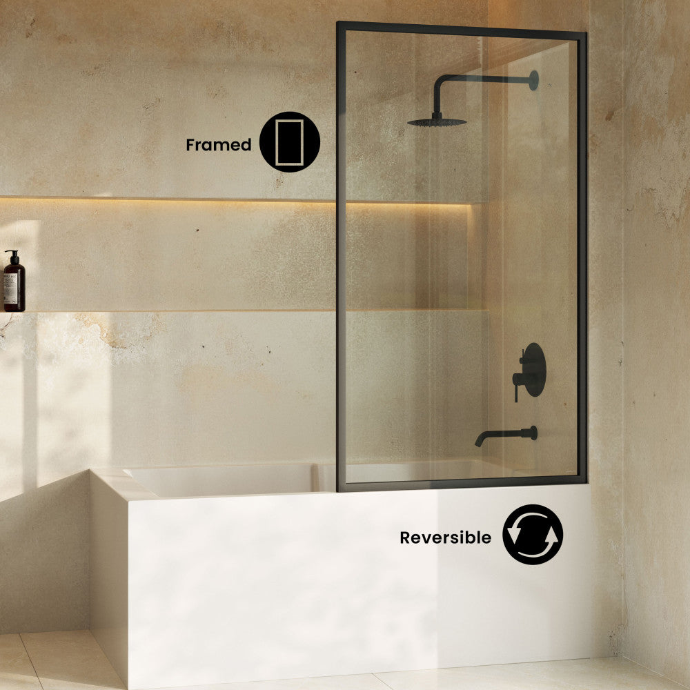 Pierre 34 x 58 Framed Fixed 3/8 in. (10mm) Clear Tempered Glass Tub Door with Black Matte Frame