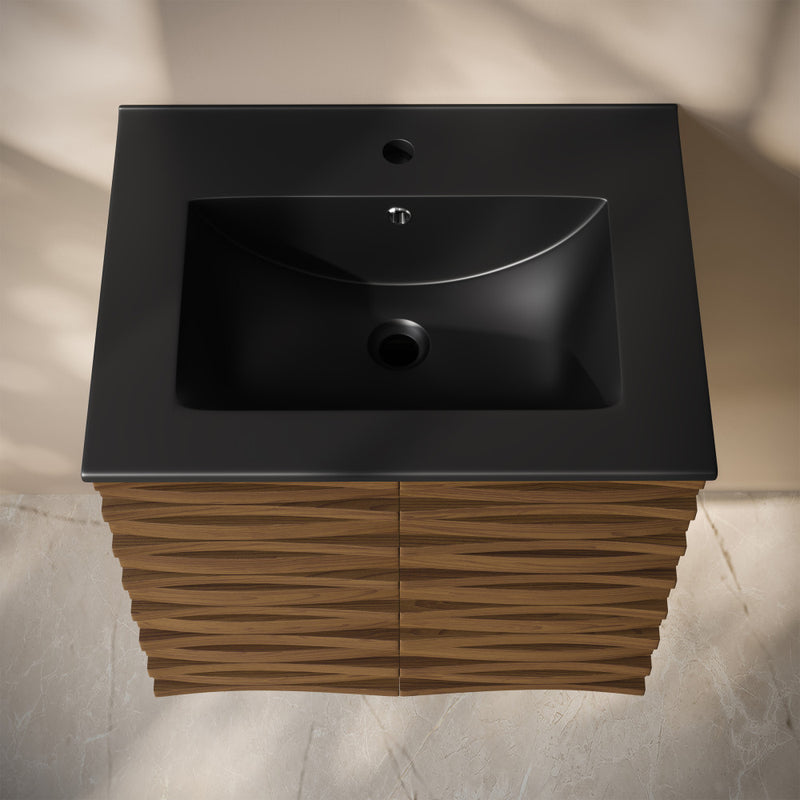 Cascade 24" Wall-Mounted Bathroom Vanity in Brown Oak with Black Sink Top