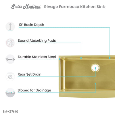 Rivage 36 x 21 Stainless Steel, Single Basin, Farmhouse Kitchen Sink with Apron in Gold
