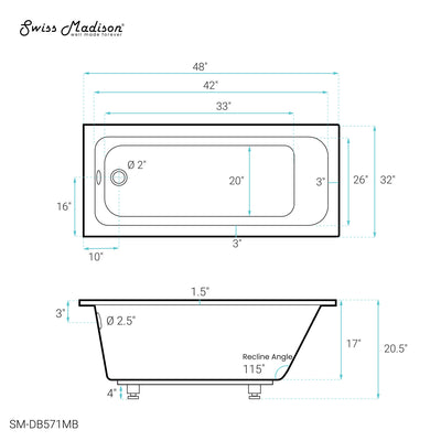 Voltaire 48" x 32" Reversible Drain Drop-In Bathtub in Matte Black