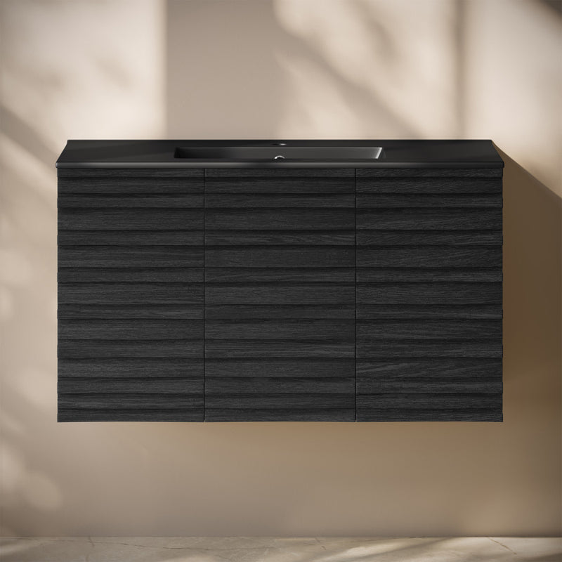 Cascade 36" Wall-Mounted Bathroom Vanity in Black Oak with Black Sink Top