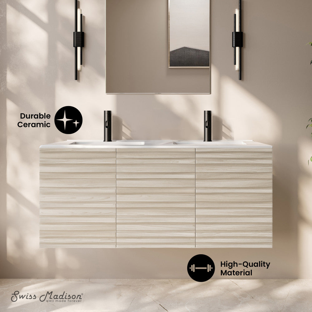 Cascade 48" Wall-Mounted Bathroom Vanity in White Oak with Double Basin Sink Top