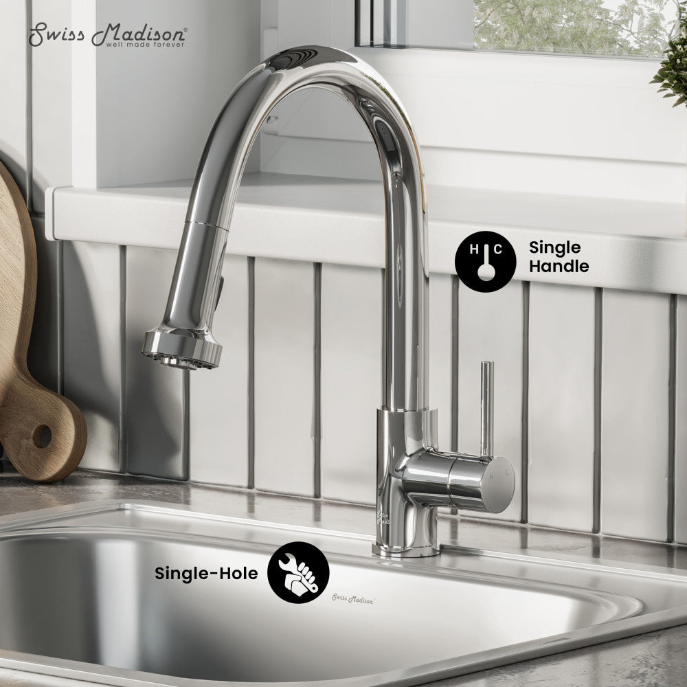 Single-handle pull-down kitchen faucet in chrome, single-hole installation, high-arc spout design.