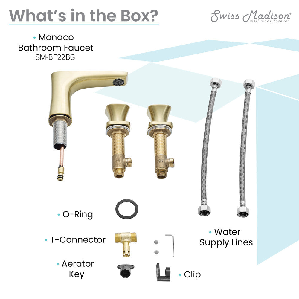 Widespread bathroom faucet components in brushed gold with handles, connectors, and water supply lines.