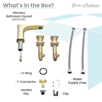 Widespread bathroom faucet components in brushed gold with handles, connectors, and water supply lines.