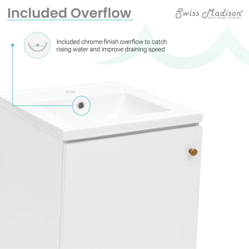 18-inch freestanding white bathroom vanity, soft-close door, single sink cutout, brass knob.