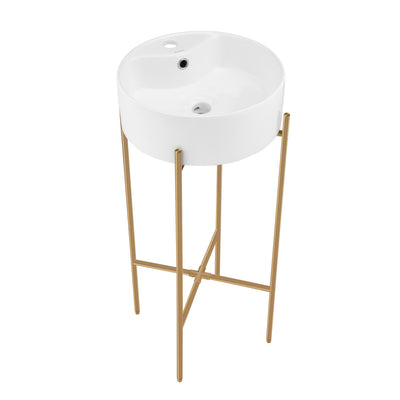 Monaco 16" Round Console Sink with Faucet Mount, White Basin Brushed Gold Legs