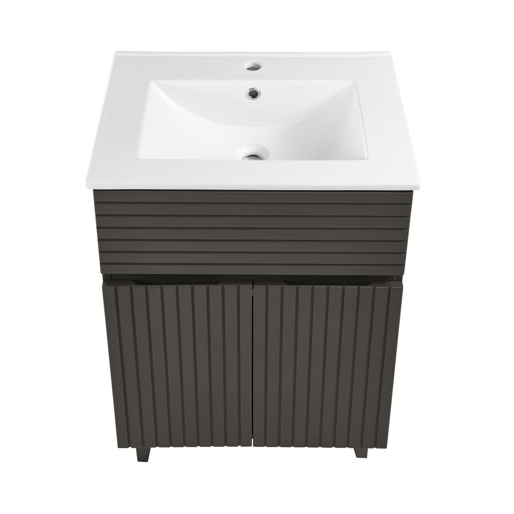 24-inch freestanding bathroom vanity in cedar gray with single sink and soft-close doors.