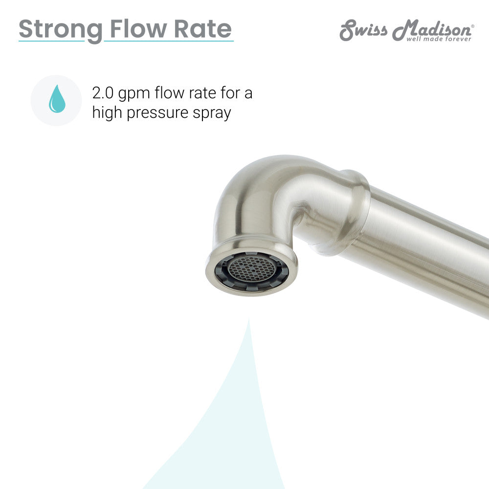 Widespread kitchen faucet in brushed nickel with side sprayer and curved spout.