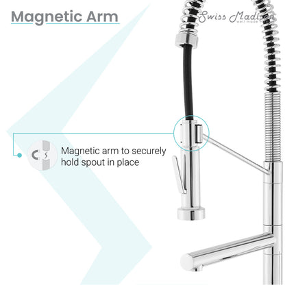 Single-handle pull-down kitchen faucet with pot filler in chrome finish, magnetic arm secures spout in place.