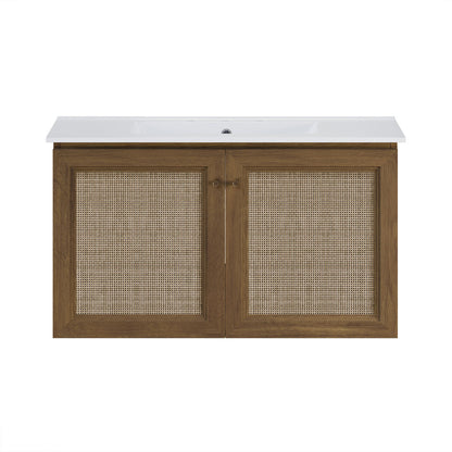 Classe 36" Wall-Mounted Bathroom Vanity in Brown Oak with Widespread Faucet Holes Vanity Top