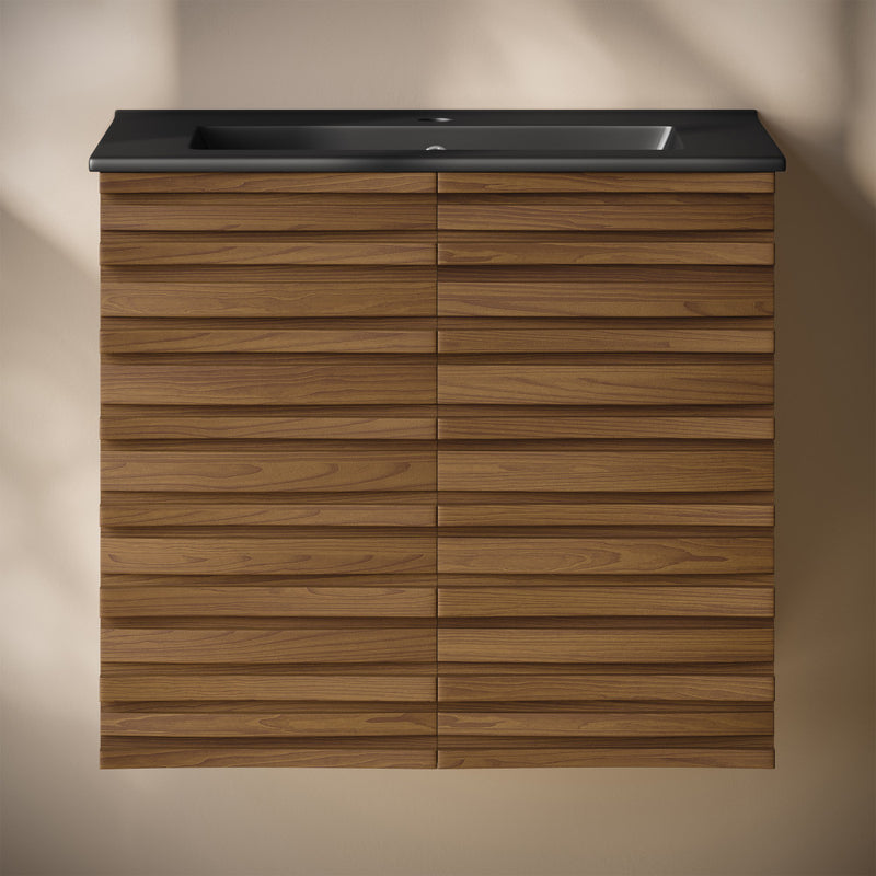 Cascade 24" Wall-Mounted Bathroom Vanity in Brown Oak with Black Sink Top