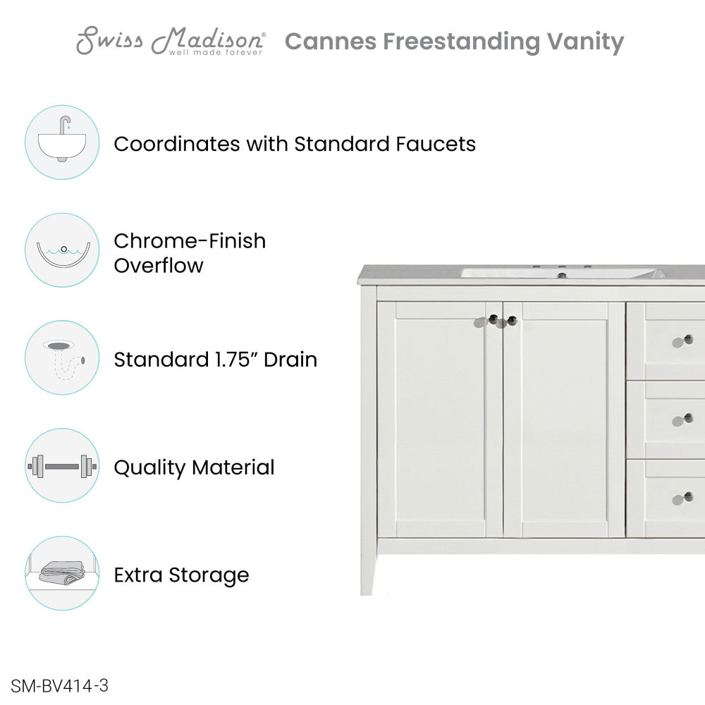 Cannes 48 in. White Bathroom Vanity With White, 3-Hole Ceramic Sink Top