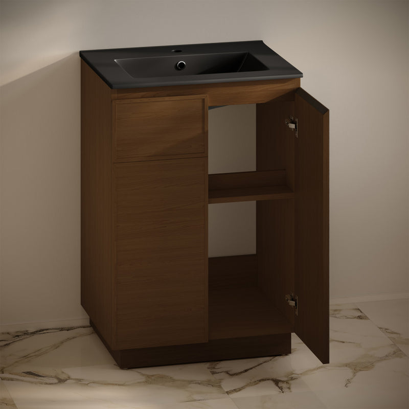 St. Tropez 24" Freestanding Bathroom Vanity in Brown Oak with Black Sink Top