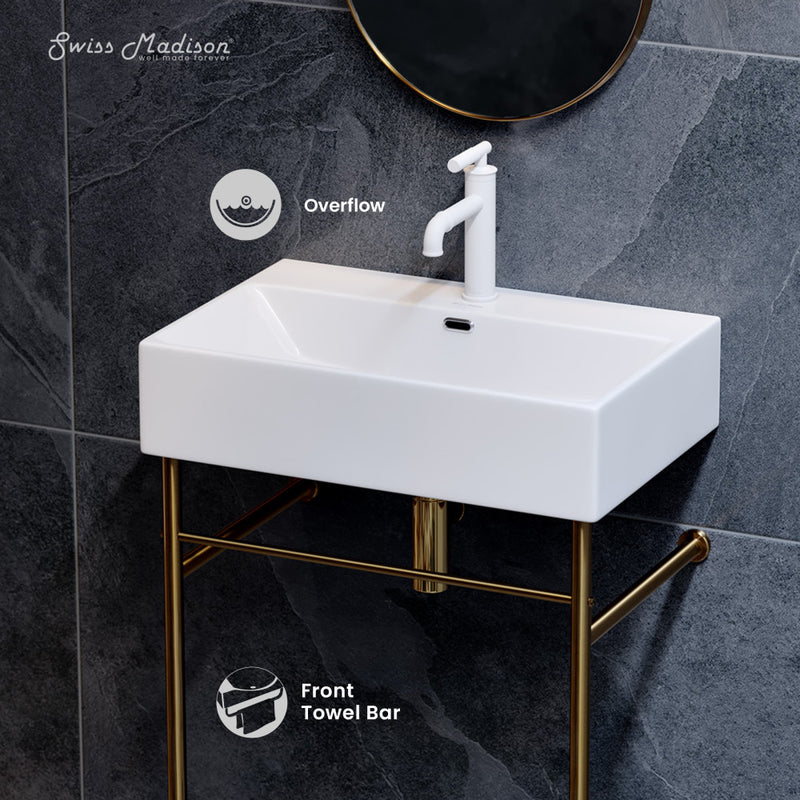 Claire 24 Ceramic Console Sink White Basin Brushed Gold Legs